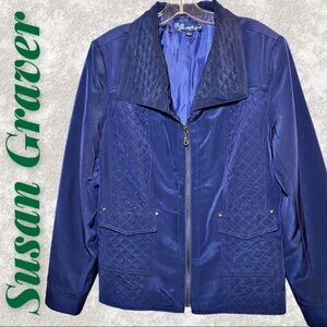 SUSAN GRAVER Navy Blue Quilted Full Zip Windbreaker Jacket,‎ Size Large